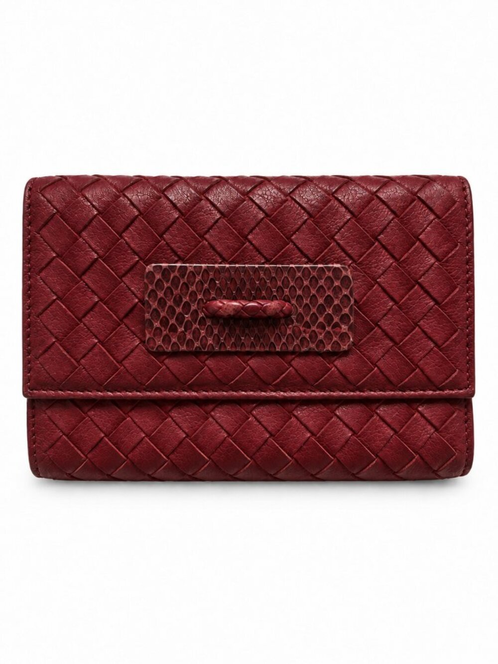 BOTTEGA VENETA Red Burgundy Intrecciato Woven Leather & Python Trifold Wallet